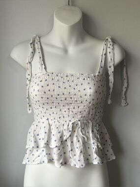 Paper Crane White Smocked Peplum Camisole with Blue Dot Print